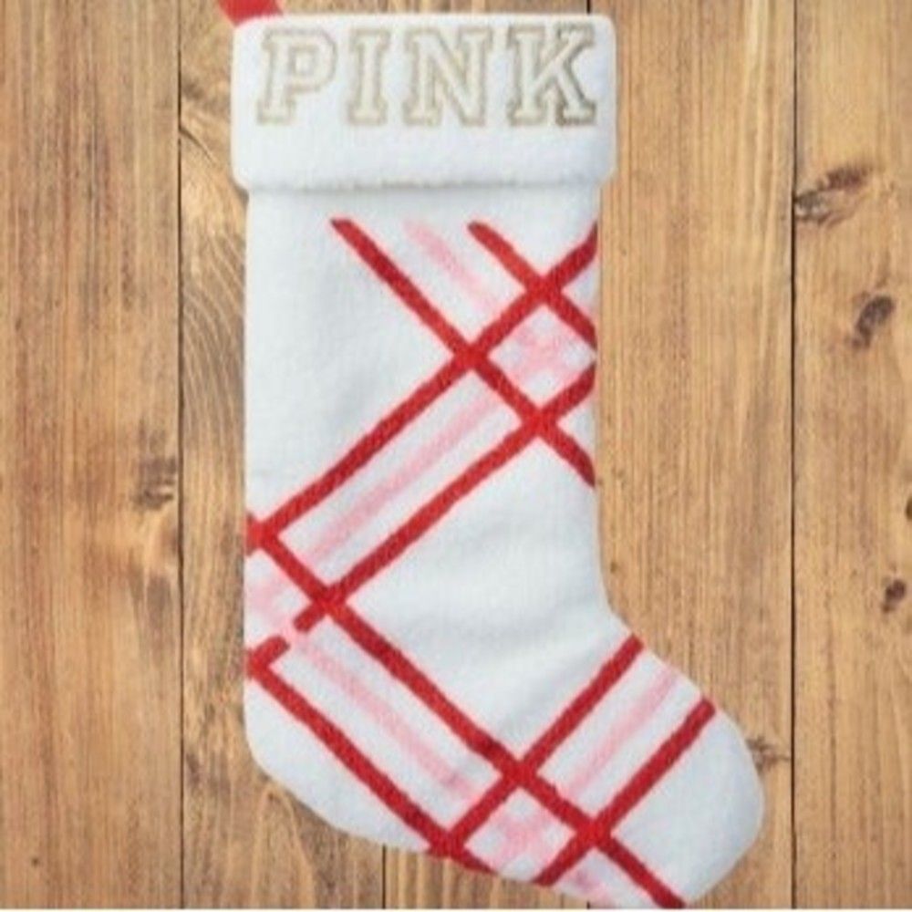 🔥PINK Victoria's Secret Stripe Christmas Stocking Sherpa White Red E34